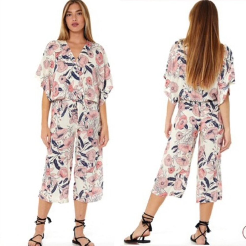 ON THE ROAD Beach Breaker Floral Jumpsuit Wide Capri Leg Crop V Kimono Sleeve S